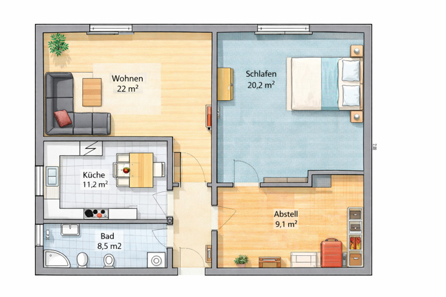 Einliegerwhg./Zweizimmerwohnung Grundriss mit Einrichtung Zweifamilienhaus Bad Soden am Taunus / Altenhain